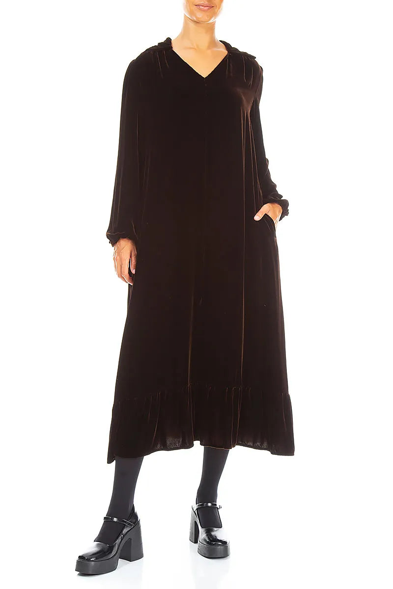 V-Neck Truffle Brown Silk Velvet Dress 3