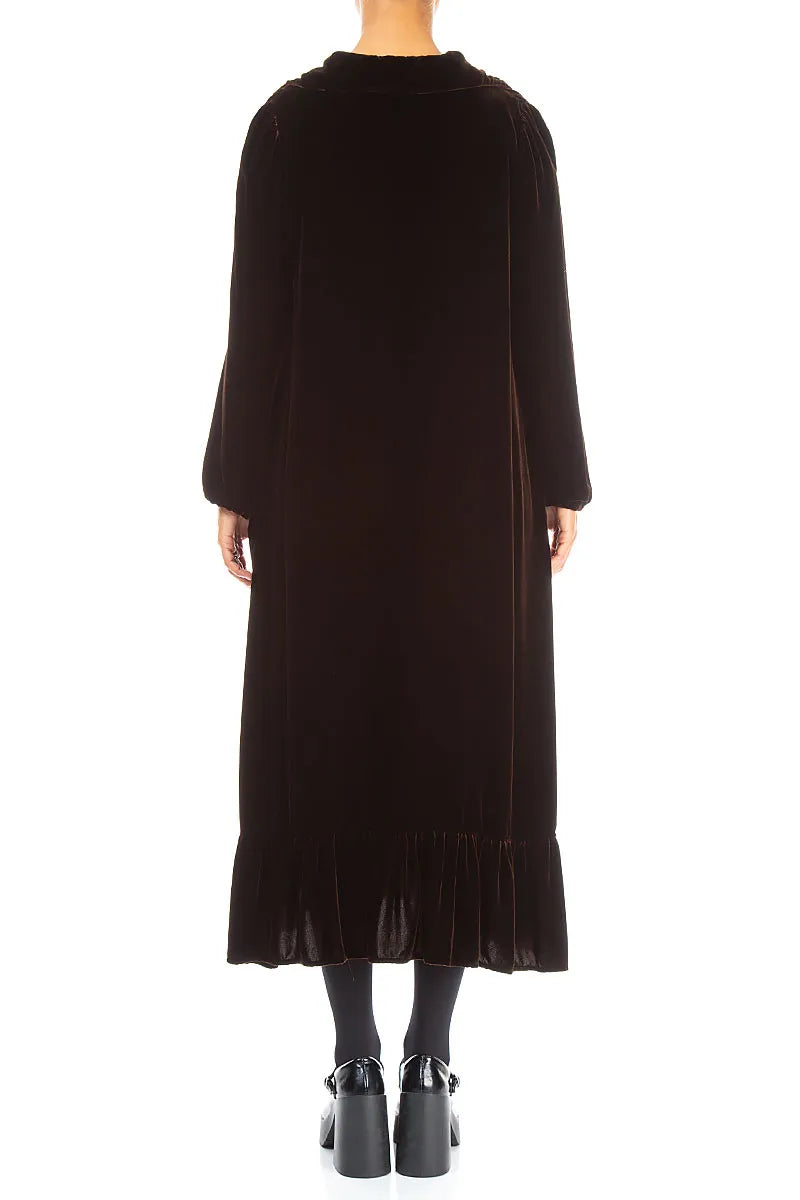 V-Neck Truffle Brown Silk Velvet Dress 2