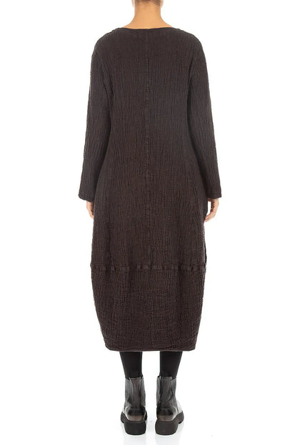 V-Neck Truffle Brown Textured Linen Dress