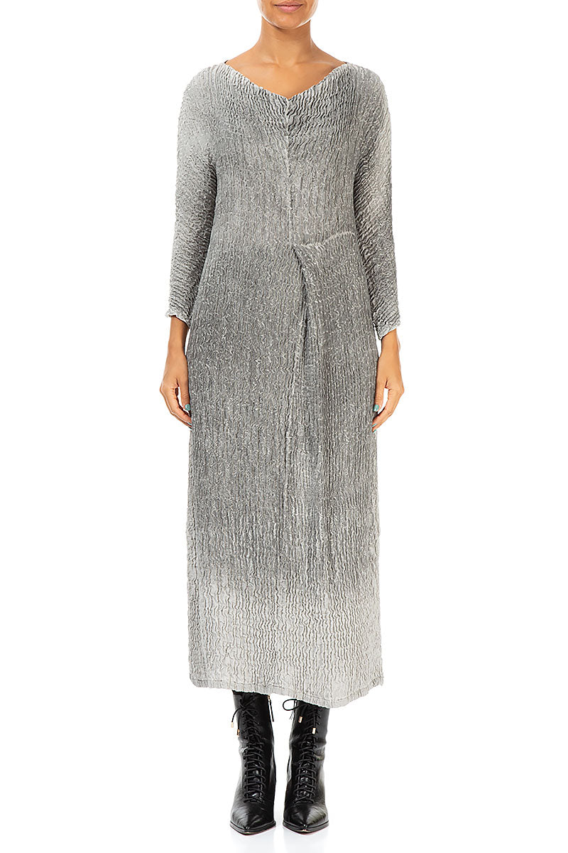 V-Neck Washed Out Crinkled Grey Silk Dress