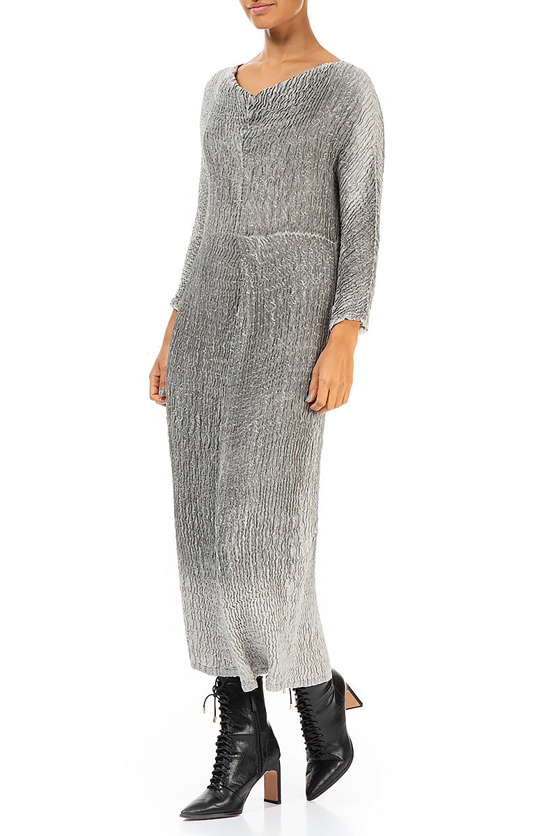 V-Neck Washed Out Crinkled Grey Silk Dress