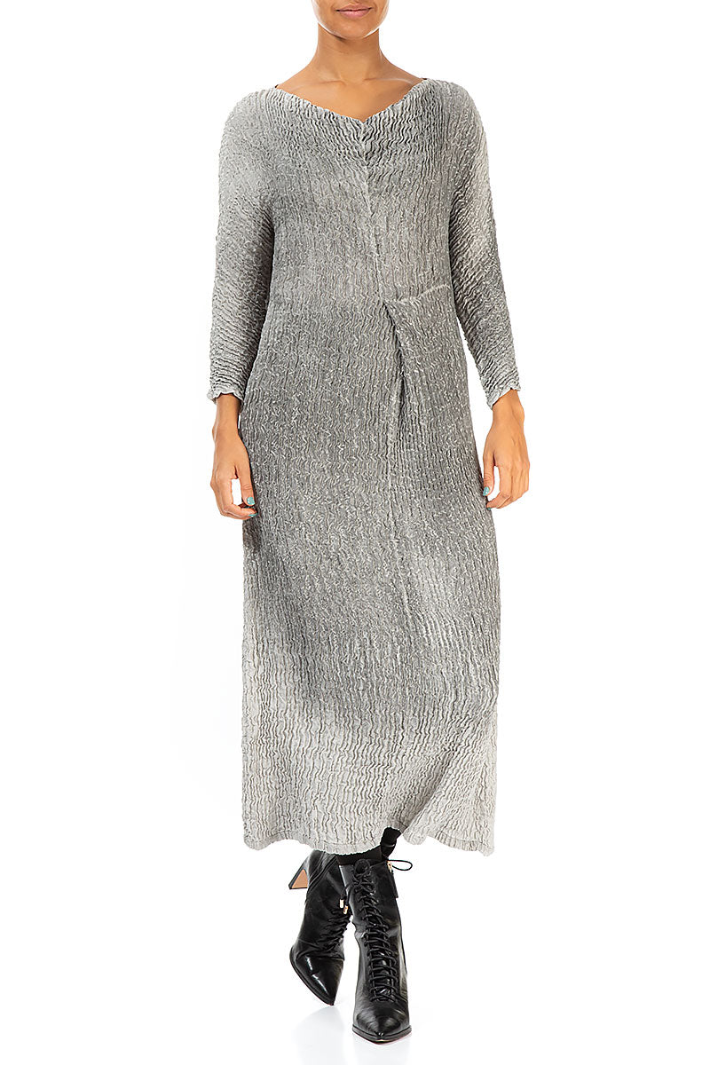 V-Neck Washed Out Crinkled Grey Silk Dress