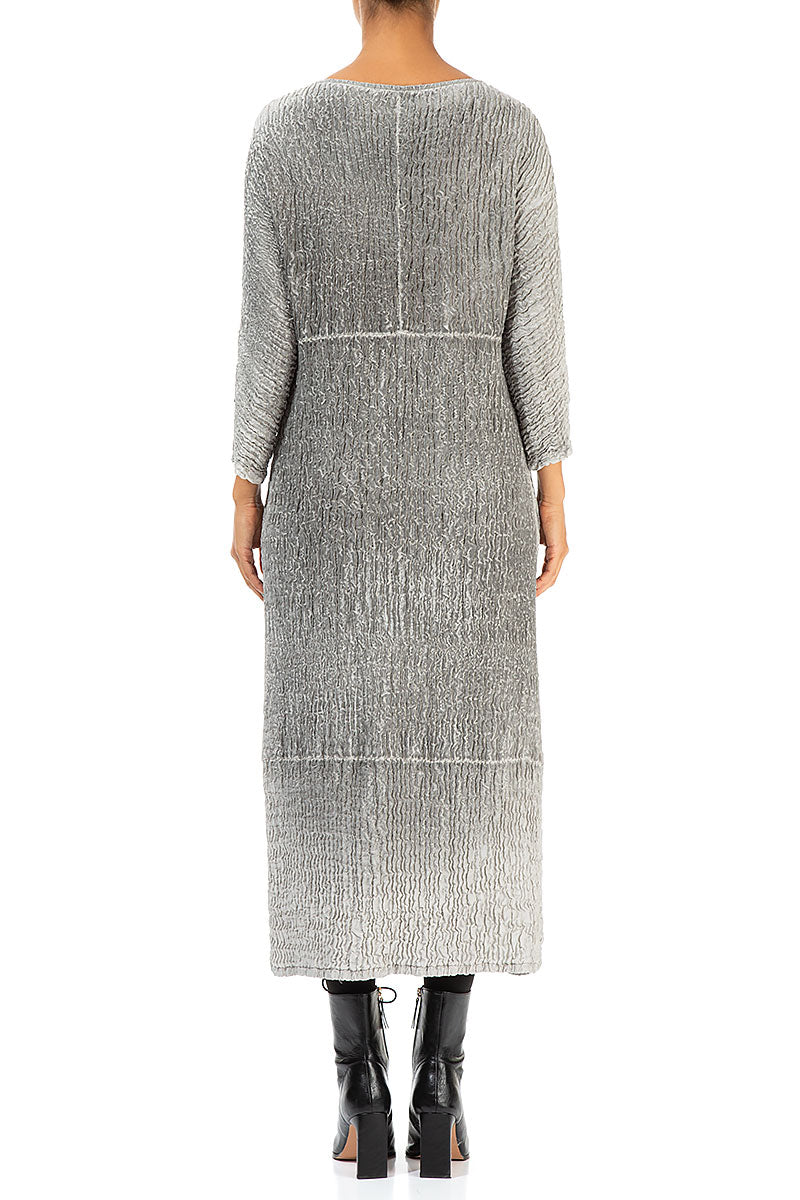 V-Neck Washed Out Crinkled Grey Silk Dress