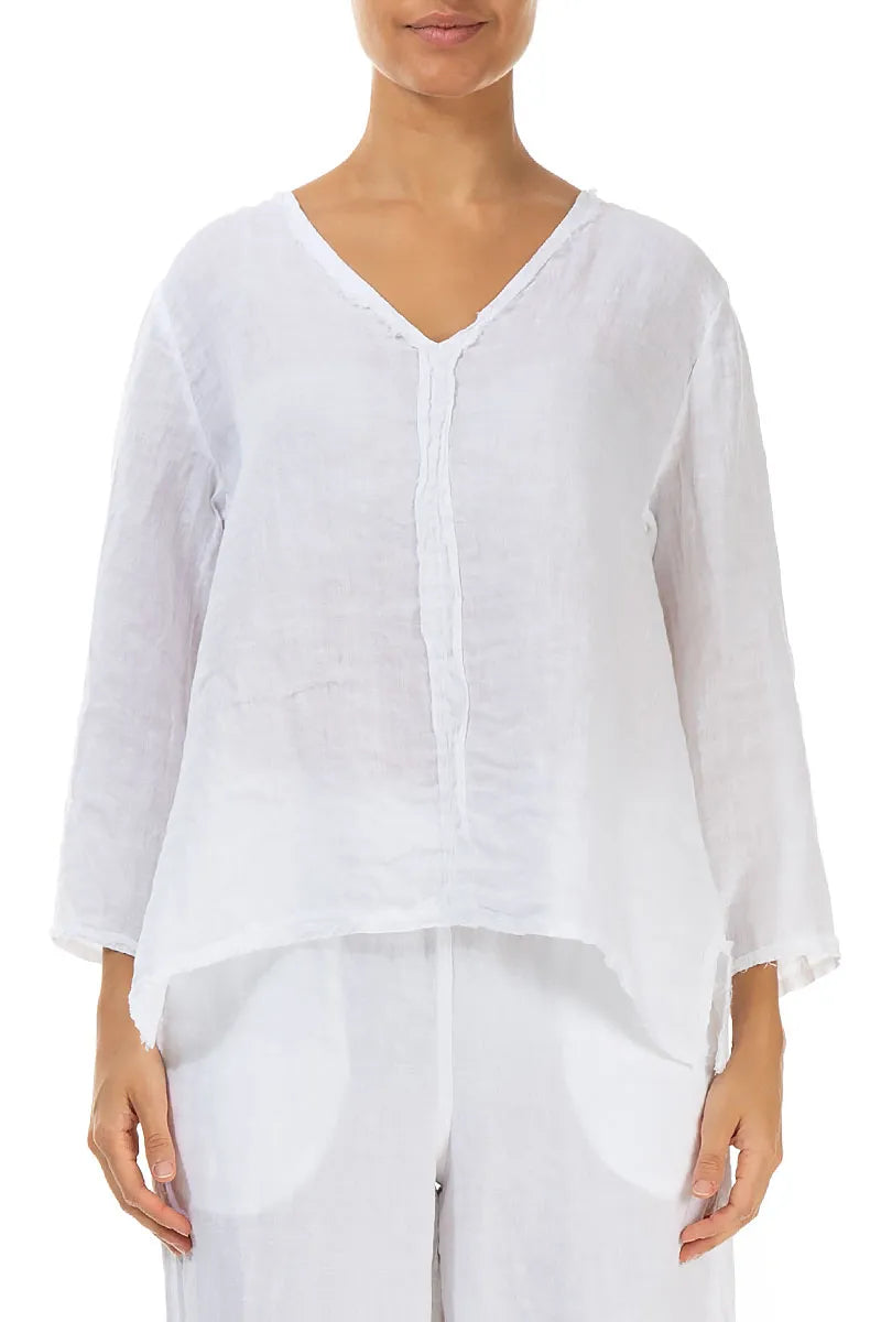 V-Neck White Linen Blouse