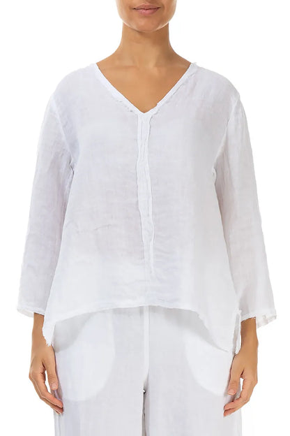 V-Neck White Linen Blouse