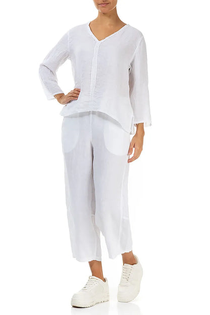 V-Neck White Linen Blouse
