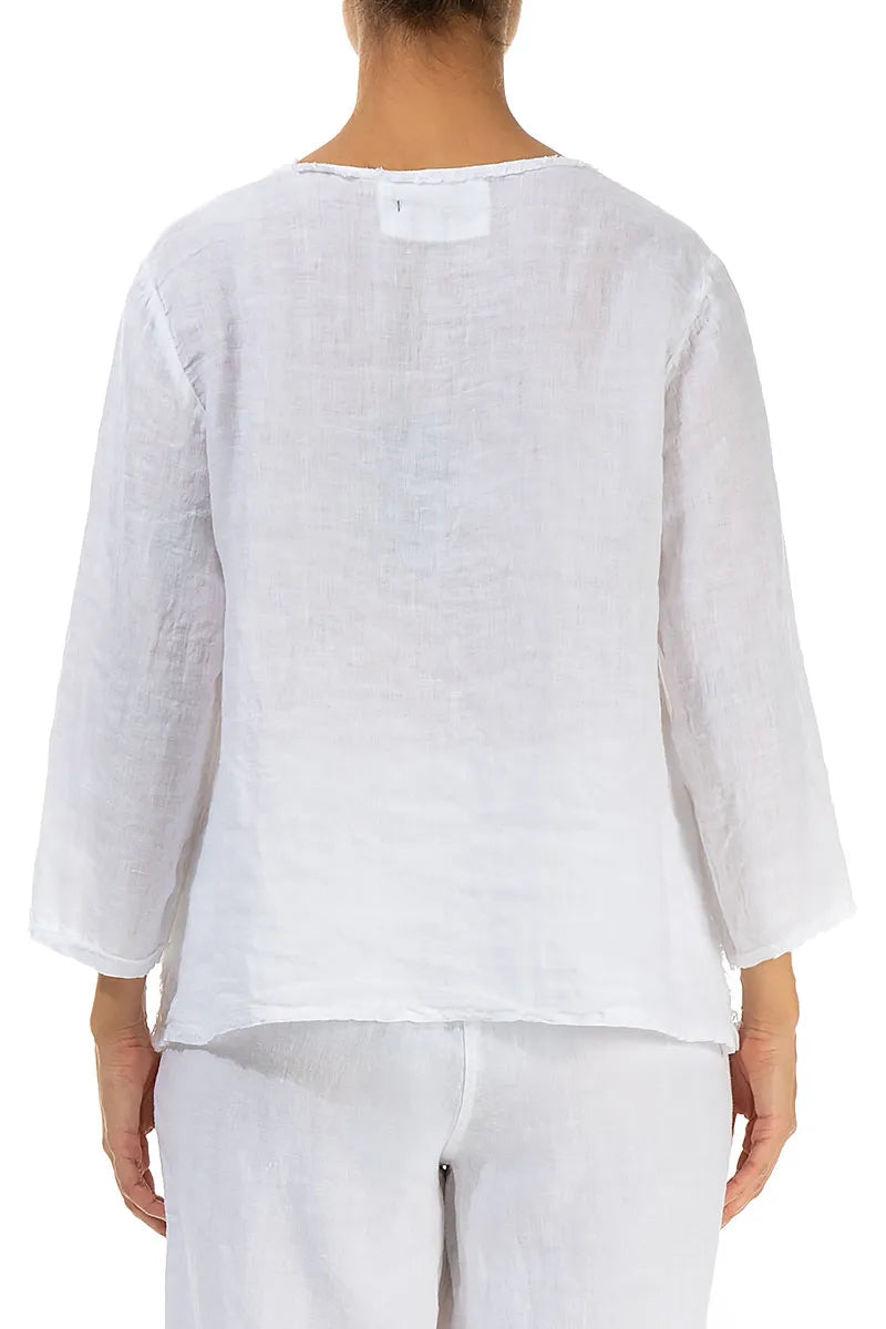 V-Neck White Linen Blouse