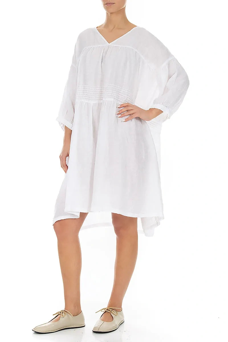 V-Neck White Pintuck Linen Dress 4