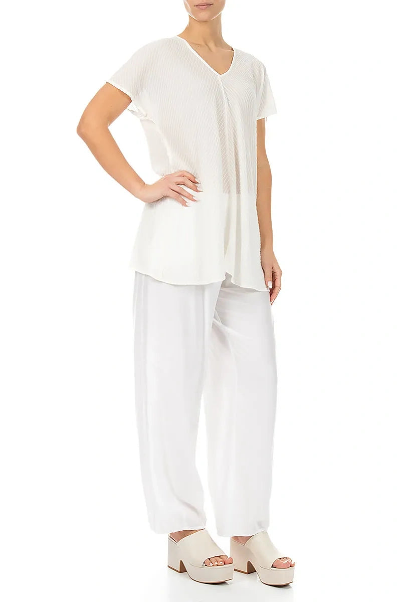V-Neck Off White Stripy Silk Viscose Blouse 4