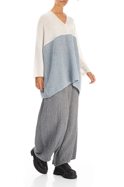 V-Neck White &amp; Silver Blue Wool Sweater 4