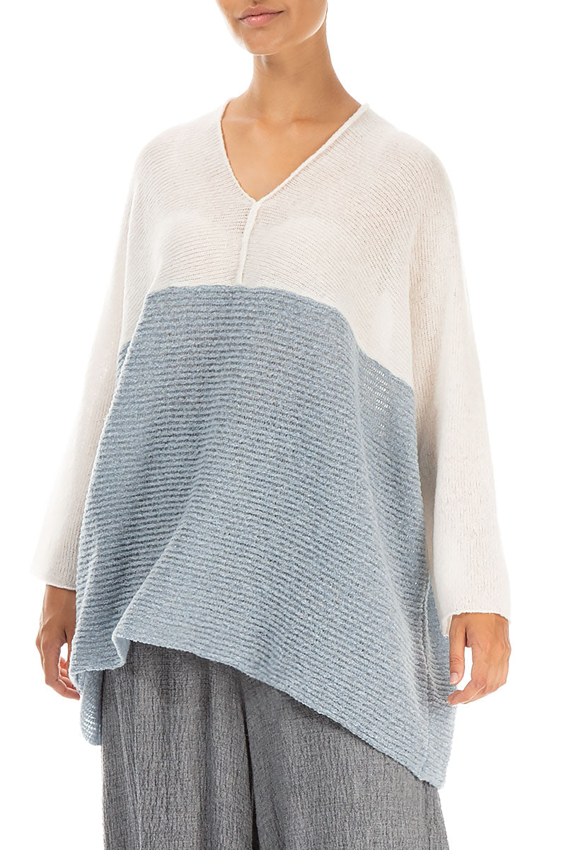 V-Neck White &amp; Silver Blue Wool Sweater 3