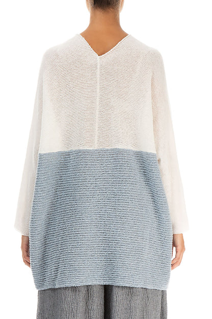 V-Neck White &amp; Silver Blue Wool Sweater 2
