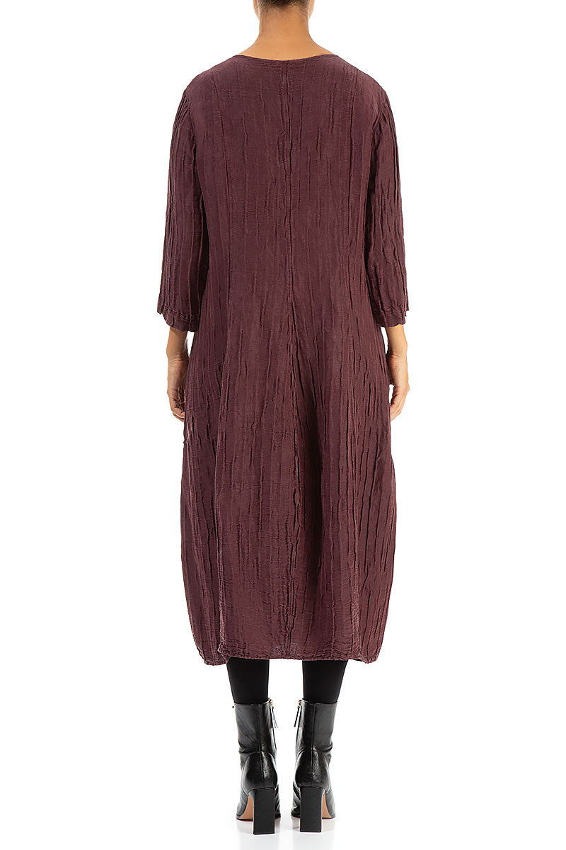 V-neck Crinkled Maroon Silk Linen Dress