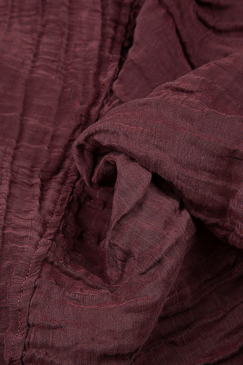 V-neck Crinkled Maroon Silk Linen Dress