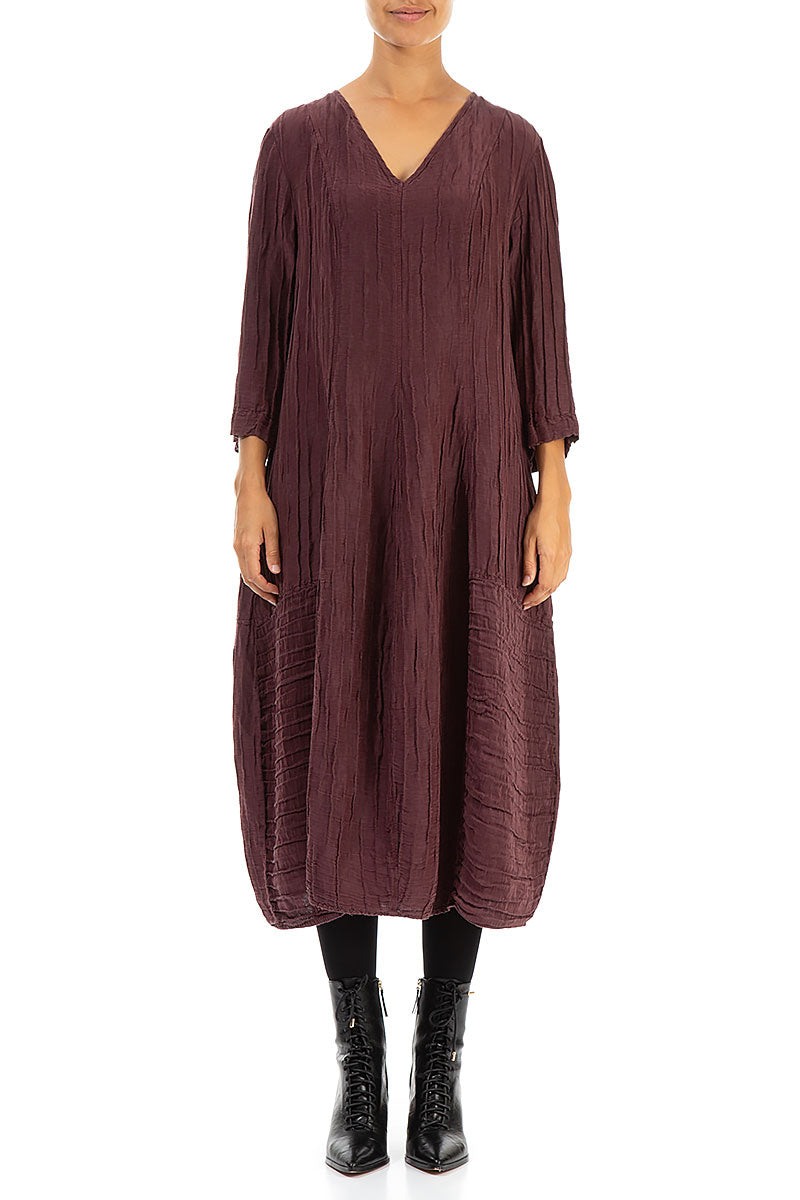 V-neck Crinkled Maroon Silk Linen Dress