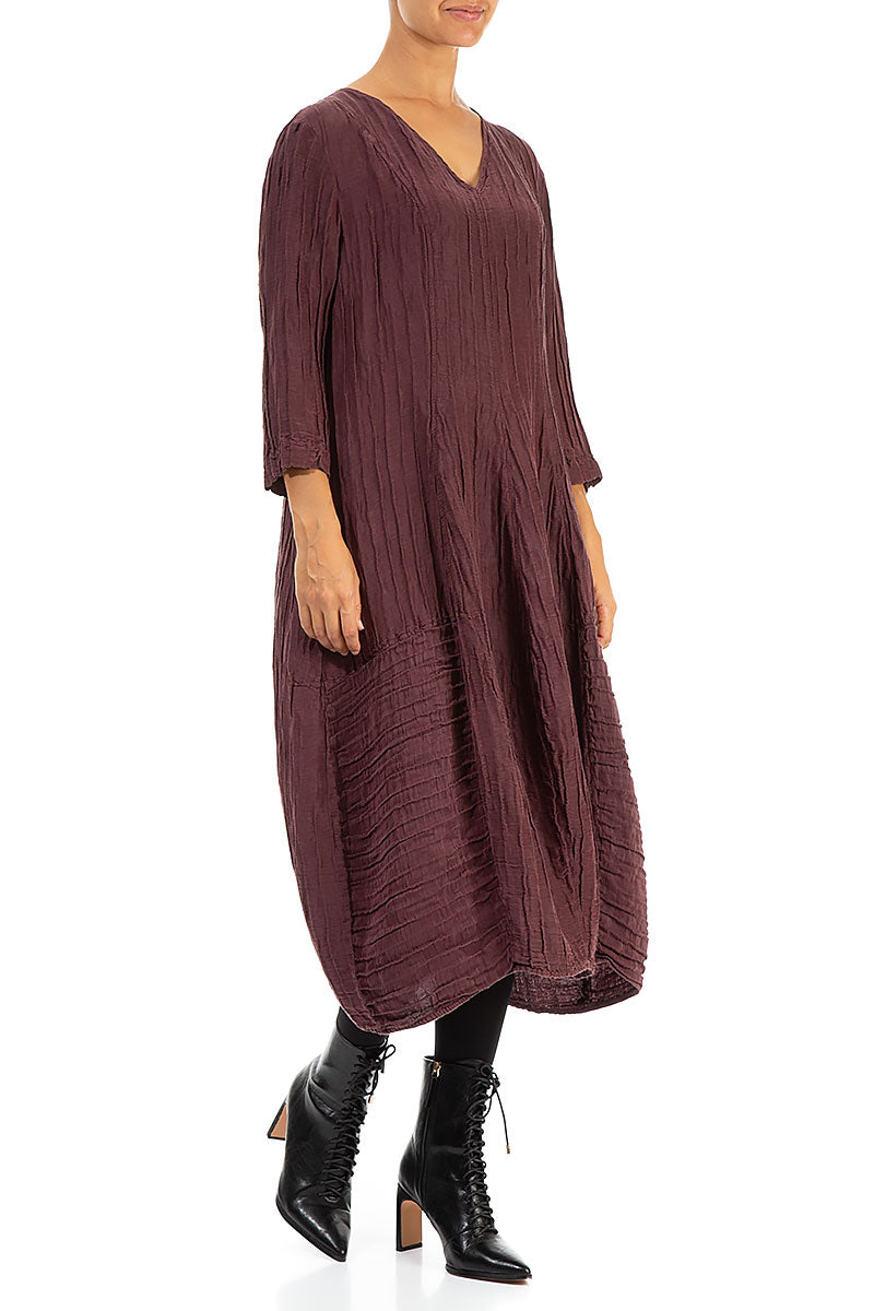 V-neck Crinkled Maroon Silk Linen Dress