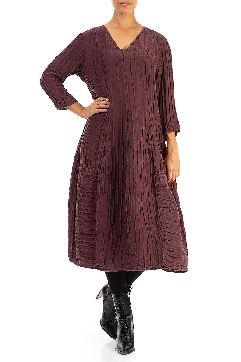 V-neck Crinkled Maroon Silk Linen Dress