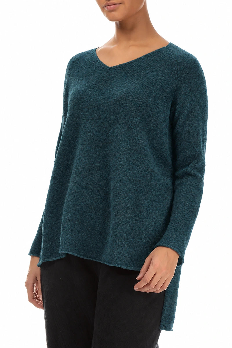 Longer Back V-Neck Teal Wool Sweater