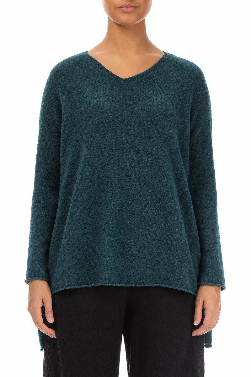 Longer Back V-Neck Teal Wool Sweater