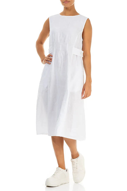 Waist Detail Sleeveless White Linen Dress