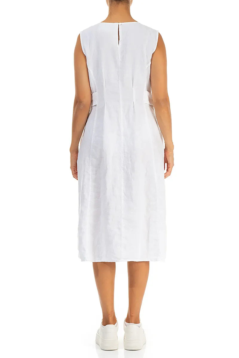 Waist Detail Sleeveless White Linen Dress