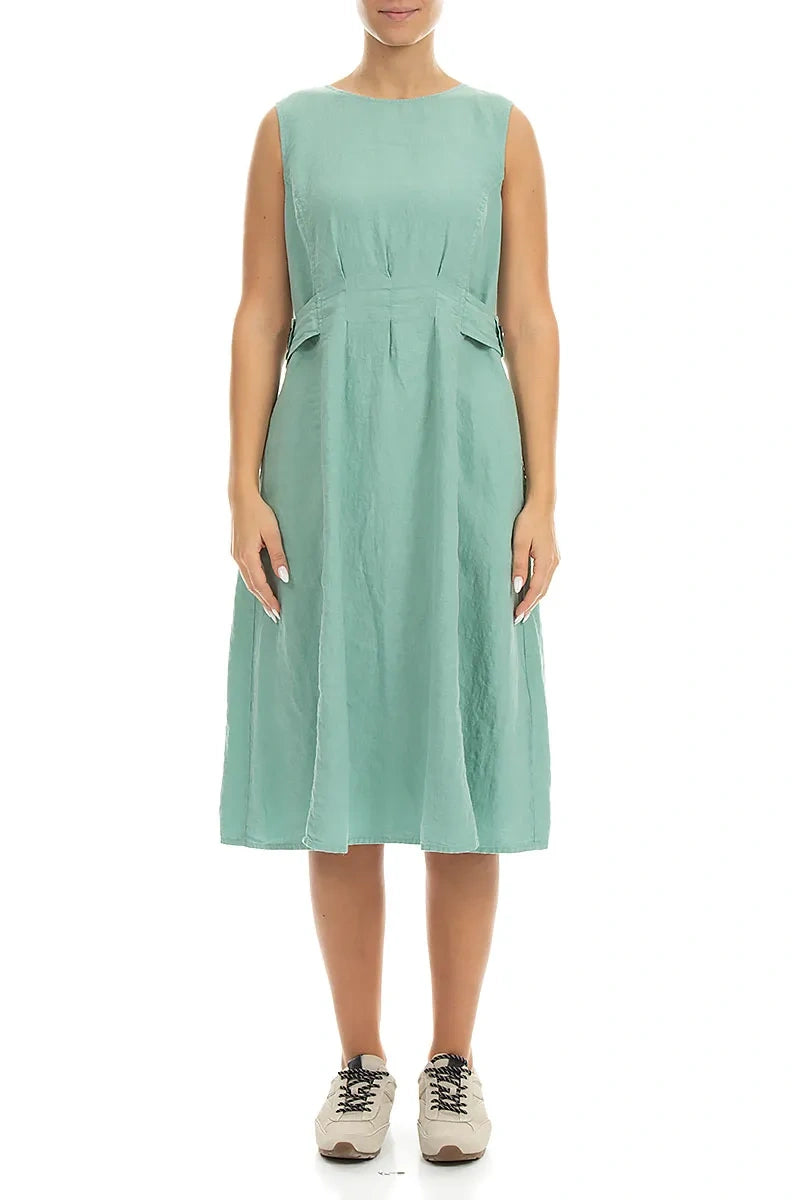 Waist Detail Sleeveless Mint Linen Dress