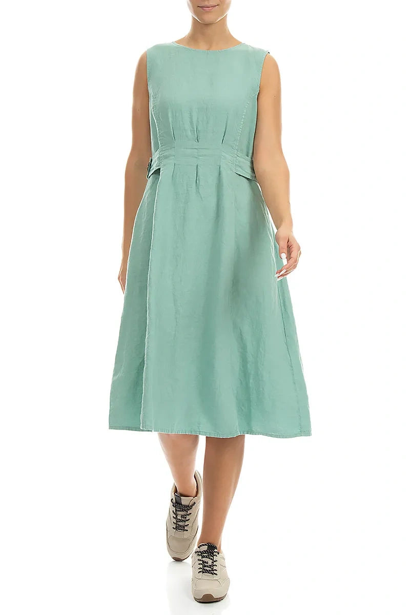 Waist Detail Sleeveless Mint Linen Dress