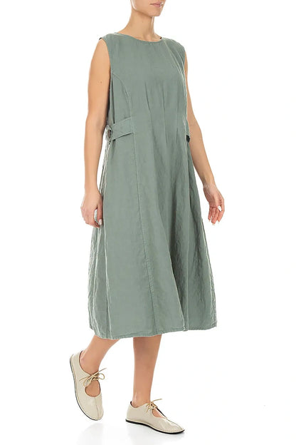 Waist Detail Sleeveless Sage Linen Dress