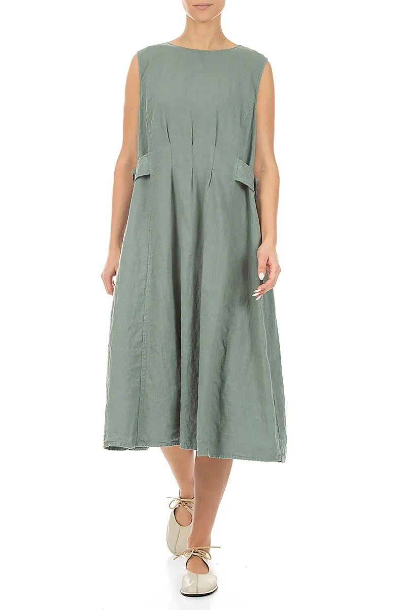 Waist Detail Sleeveless Sage Linen Dress