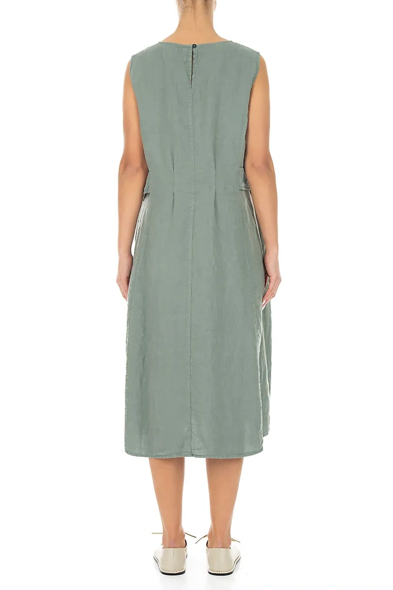 Waist Detail Sleeveless Sage Linen Dress
