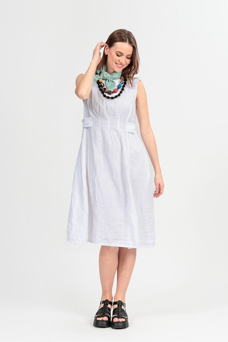 Waist Detail Sleeveless White Linen Dress 1
