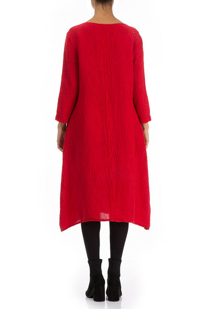 Cherry Red Waves Silk Linen Dress 2