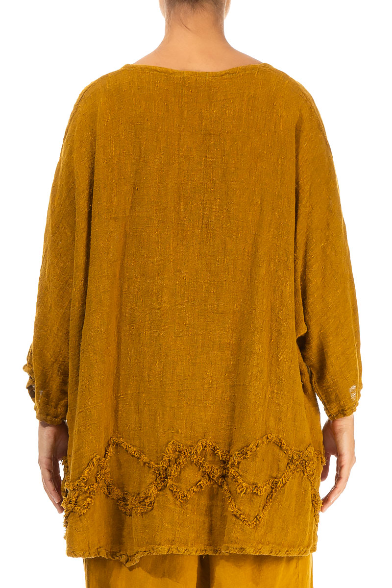 Wavy Line Decorated Yellow Ochre Linen Tunic