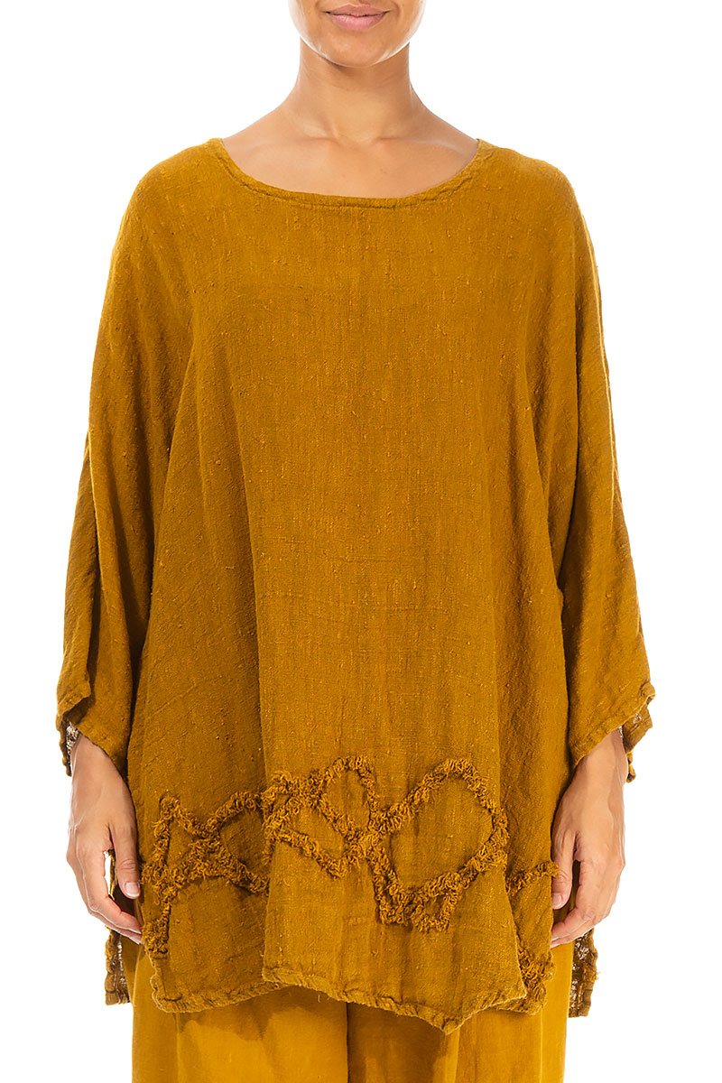 Wavy Line Decorated Yellow Ochre Linen Tunic