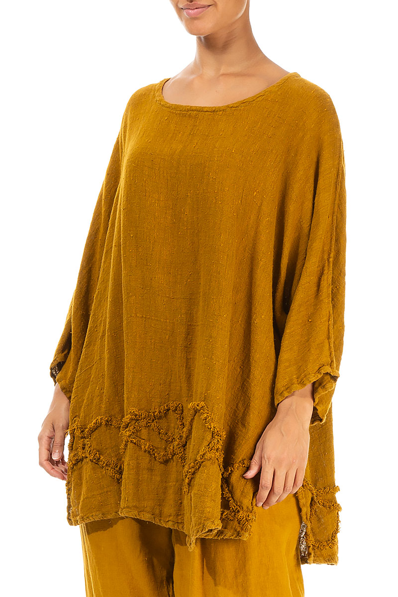 Wavy Line Decorated Yellow Ochre Linen Tunic