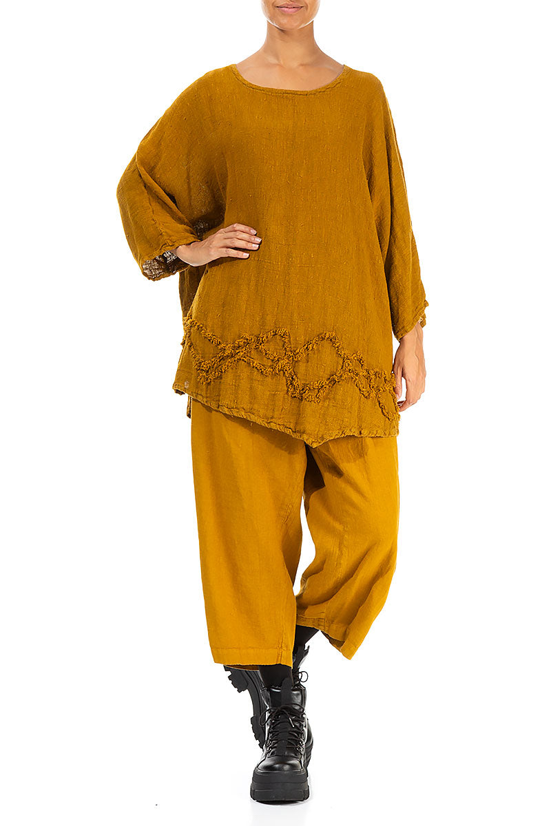 Wavy Line Decorated Yellow Ochre Linen Tunic