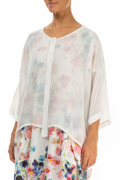 Weiße Seidenjacke mit mittiger Knopfleiste und Mesh-Einsätzen