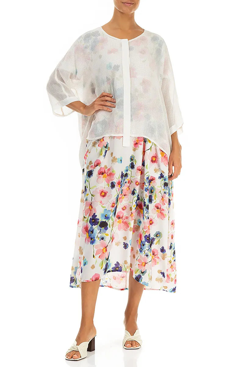 Weiße Seidenjacke mit mittiger Knopfleiste und Mesh-Einsätzen