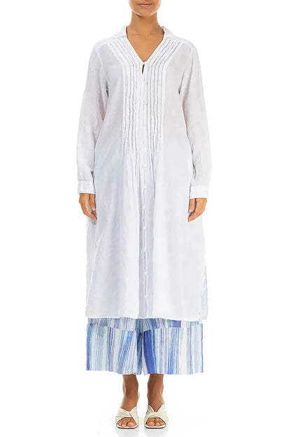 Robe chemise en lin blanc à plis nervurés