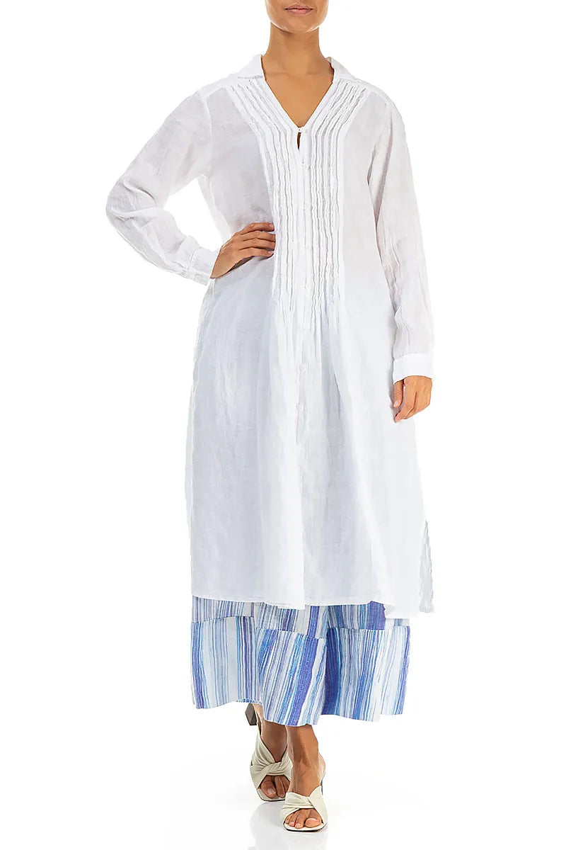 Robe chemise en lin blanc à plis nervurés