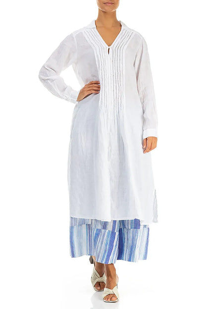 Robe chemise en lin blanc à plis nervurés