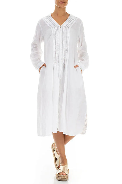 White Pintuck Linen Shirt Dress 4