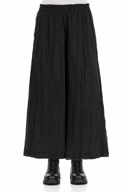 Wide Cropped Black Crumpled Cotton Trousers 1
