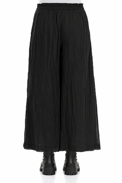 Wide Cropped Black Crumpled Cotton Trousers 2