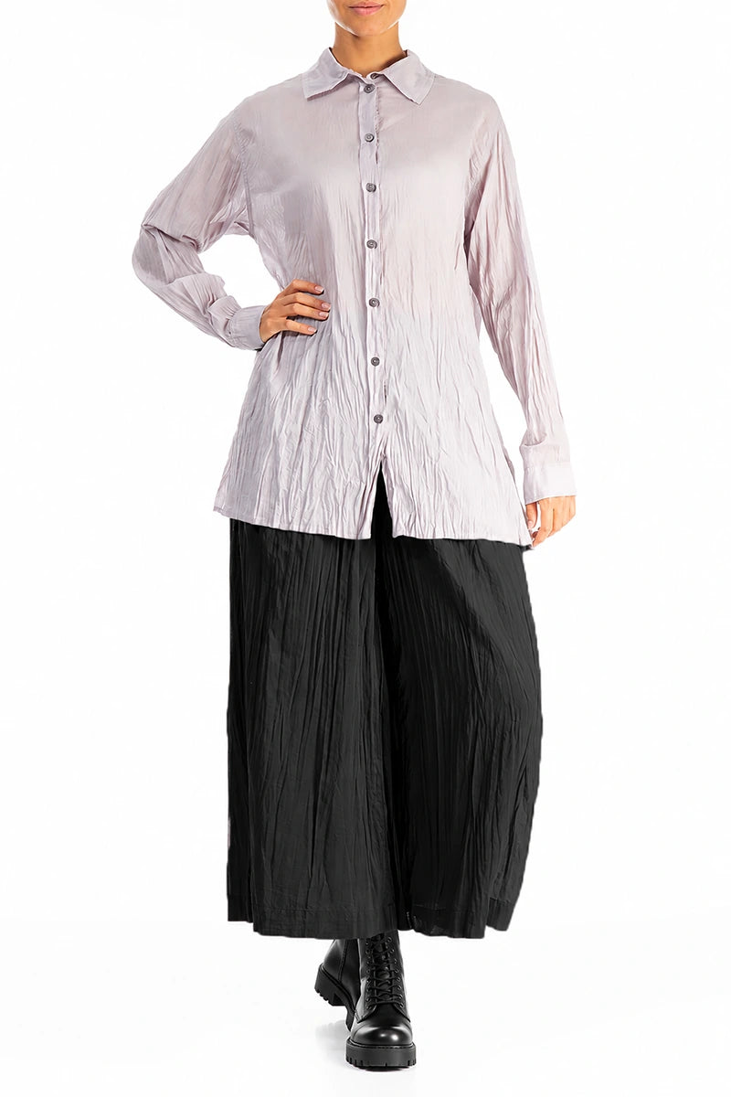 Wide Cropped Black Crumpled Cotton Trousers 4