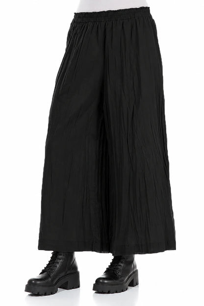 Wide Cropped Black Crumpled Cotton Trousers 3