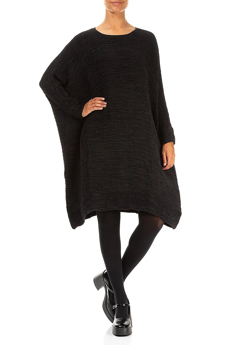Wide Black Plissé Silk Kaftan Dress 4