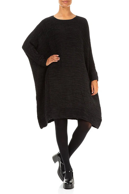 Wide Black Plissé Silk Kaftan Dress 4