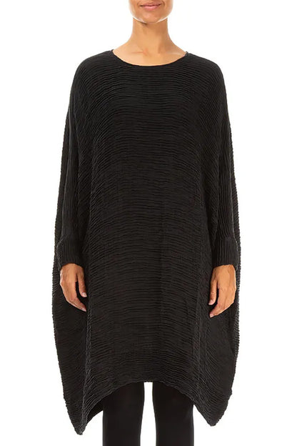 Wide Black Plissé Silk Kaftan Dress 1