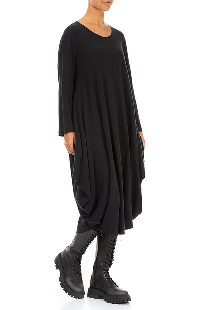 Wide Black Rib Cotton Wool Dress